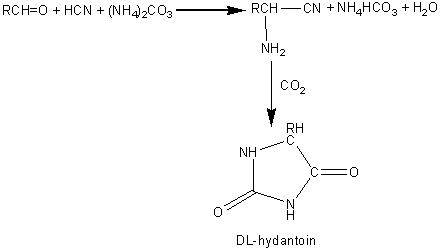 aldehyde + HCN +ammonium carbonate + CO2 --> DL-hydantoin + ammonium bicarbonate + H2O