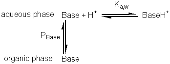 aqueous Base + H+ ==Ka,w== BaseH+ ; aqueous Base ==PBase== organic Base