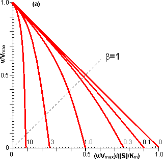 Eadie-Hofstee plots illustrating the effect of external diffusional resistance on the kinetics of an immobilised enzyme on essentially non-reversible reactions