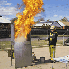 A demonstration of a chip pan fire when water is added by Fire and Rescue NSW; Attribution: Bidgee