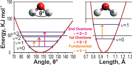 Energy diagrams (rom ab initio 6-31G** calculation) and the zero-point vibrational energies for water's bend and stretch