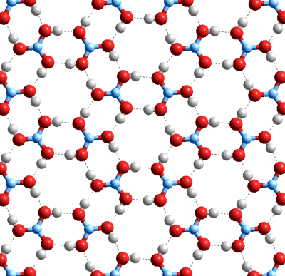 Boric acid, B(OH)<sub>3</sub> crystalline sheet showing H-ded dimers