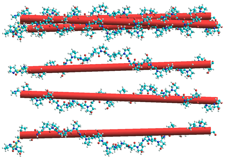 Collagen, triple helix shown top with the three helices separated below. 

The fibrils are stabilized by intermolecular hydrogen bonds.

from Protein Data Bank (PDB) entry 1cag