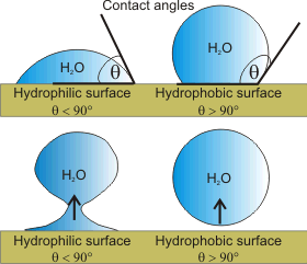 contact angles of water on hydrophilic and hydrophobic surfaces