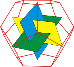Dodecahedron showing the three mutually perpendicular rectangles between the faces