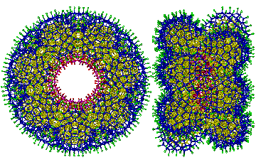 The three layers of hydration around the {Mo154} nanowheel shown green, blue and yellow, with 14 potential Na+ binding sites]
