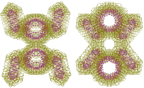 Two tetramers link to form an octamer ({Mo154}4)2