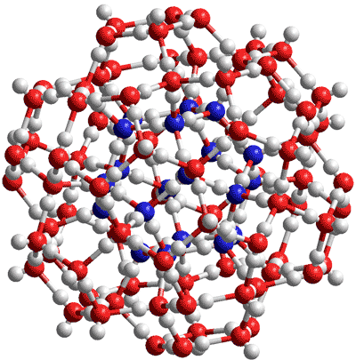 (H2O)100 cluster. Oxygens in the central dodecahedron are blue