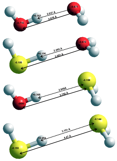 Comparison of H2S and H2O dimers, calculated using the Restricted 

Hartree-Fock wave function (RHF) using the 6-31G** basis set.