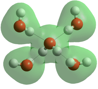Typical tetrahedral arrangement of hydrogen bonds, as found (on average) in liquid water