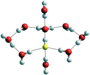 Structure of hydrated HF moleculecalculated  using the Restricted Hartree-Fock wave function (RHF) using the6-31G** basis set, see also [3892]