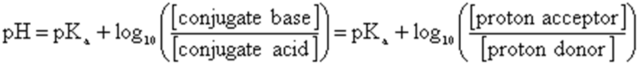 pH=pKa+log([conjugate base]/[conjugate acid])=pKa+log([proton acceptor]/[proton donor])