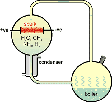 The Miller-Urey experimental set-up to synthesize amino acids and nucleic bases