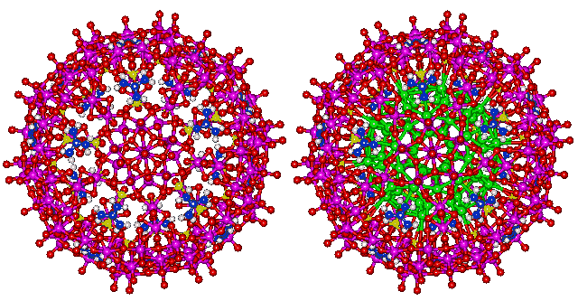 Oxomolybdate nanodrop, with and without internal water, shown green
