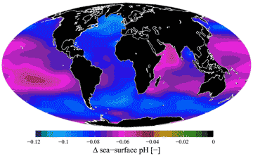 Estimated change in annual mean sea surface pH (and carbonate, mouse over) between the pre-industrial period and the present day from the Global Ocean Data Analysis Project