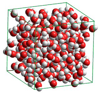 Computational model of a small periodic box containing 216 water molecules