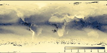 Atmospheric vapor content (cm of water equivalent) from NASA satellite observations; Imagery by Reto Stockli, NASA's Earth Observatory