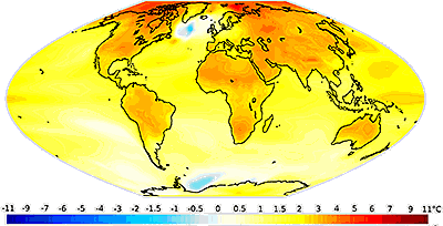 Projected change in annual mean surface air temperature from the late 20th century to the middle 21st century, from NOAA GFDL