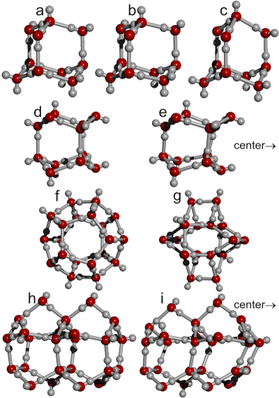 Cluster components; (a) decamer, (b) and (c) two forms of partially collapsed decamer; (d) hexameric box; (e) partially collapsed hexameric box; (f) dodecahedron; (g) partially collapsed dodecahedron; (h) double pentagonal box;  (i) partially collapsed double pentagonal box