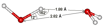 Averaged hydrogen bond angles in water: 162 degrees; O-H---O distance 1.66 Angstrom
