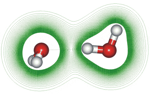 water dimer showing the electron density perturbation along the hydrogen bond