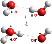 Water dissociation to give hydrogen ions and hydroxide ions 