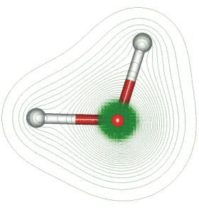 Water structure, showing that the charge distribution is concentrated around the oxygen atom